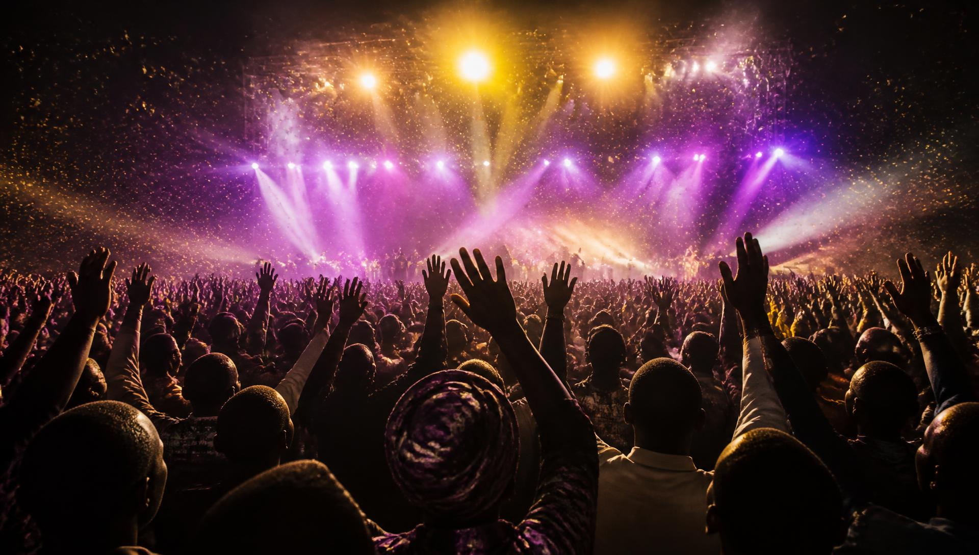 Crowd worshipping at an Afro Gospel Nation concert under purple and gold stage lights